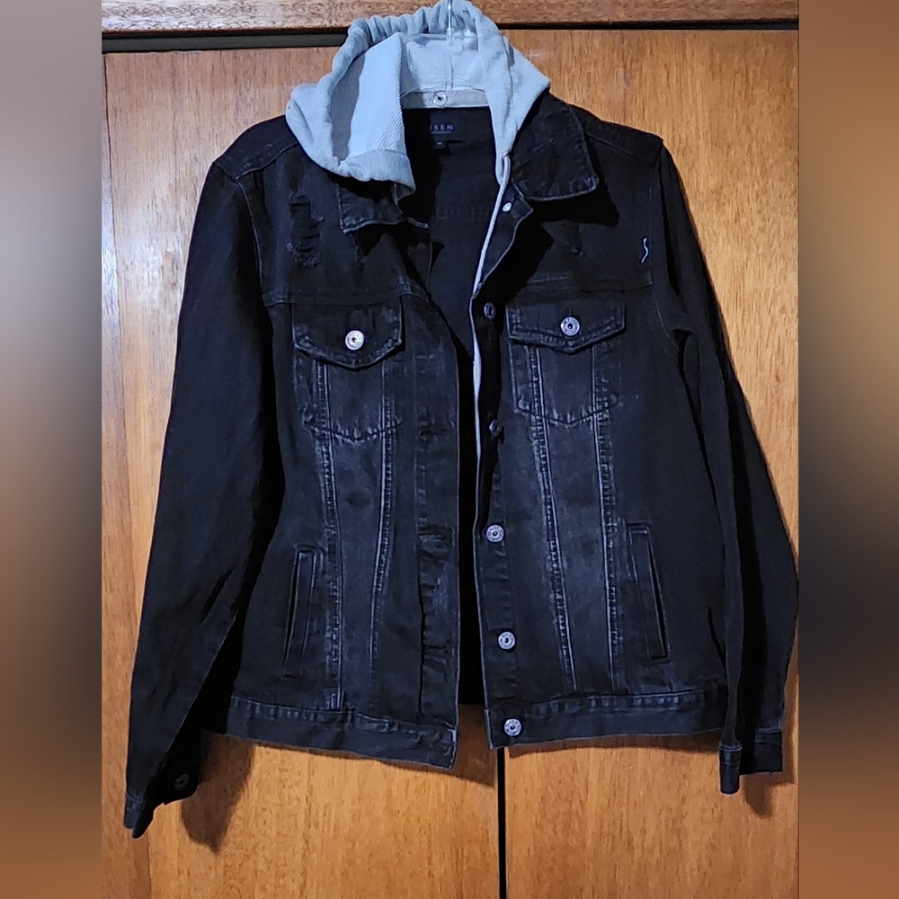 RISEN brand black denim jacket with removable grey hood - size medium - like new